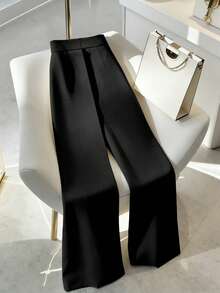 Franclia Pantalones casuales con diseño de botones decorativos en la cintura, adecuados para ir al trabajo, maestros, atuendo de Año Nuevo, pantalones rectos sueltos y versátiles de pierna ancha, pantalones de vestir de cintura alta para mujer, pantalones formales para damas - Negro - Ver 2