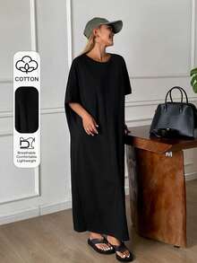 DAZY Women's Round Neck Short Sleeve Loose Long Casual Dress - Black - View 1