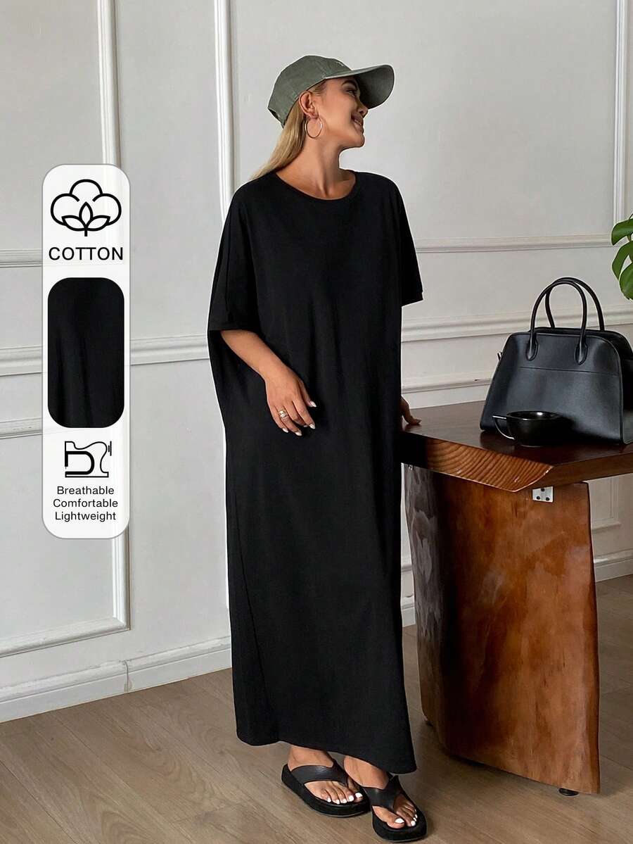 DAZY Women's Round Neck Short Sleeve Loose Long Casual Dress - Black - View 1
