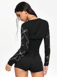 ROMWE Grunge Punk 2 Stücke Gothic Kreuz Strass Dekor Trägerhemd & Weste Set - Schwarz - Übersicht 3