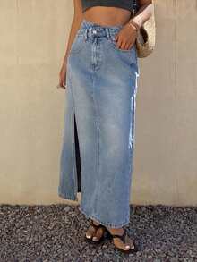 DAZY Damen Asymmetrisches Design Taillenschlitz Lässiger Denim Rock - Mittele Waschung - Übersicht 4