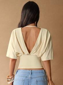 SHEIN BAE 女士休闲度假深V褶皱腰部宽松T恤，适合海滩度假、姐妹聚会、浪漫约会、休闲外出、日常穿着、工作通勤，浅蓝色，休闲度假T恤 - 杏色 - 查看 3