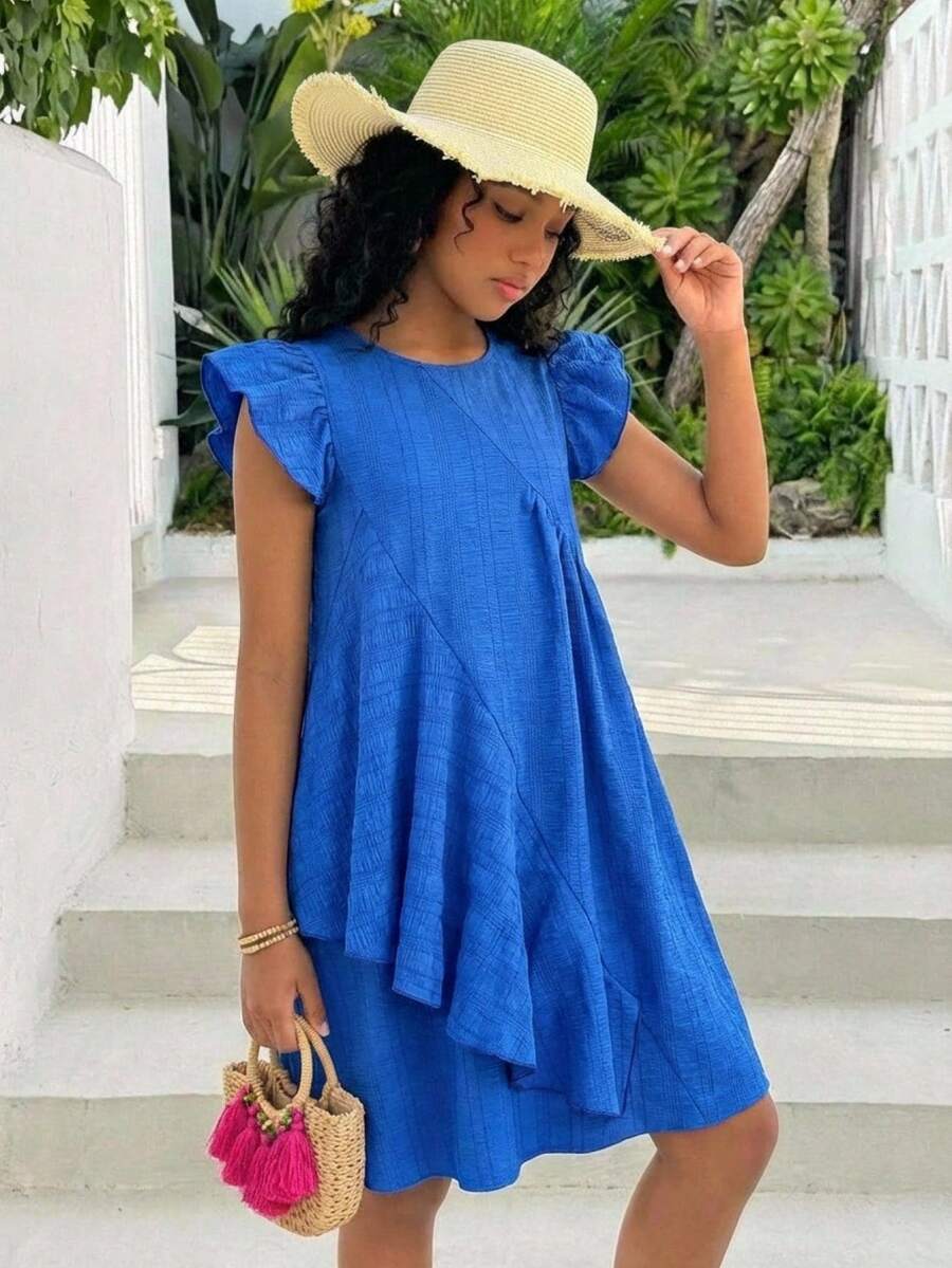 SHEIN Teen Girl Casual Vacation Solid Blue Woven Textured Flutter Sleeve Asymmetrical Ruffle Hem A-Line Dress, Spring/Summer - Blue - View 1