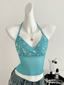 Elamini Camiseta de tirantes de mujer con lentejuelas azul claro bordadas en malla, estilo sexy y casual para vacaciones, primavera/verano - Azul - Ver 3