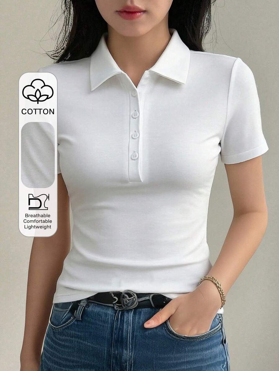 DAZY Solid Color Round Neck Fitted Short Sleeve Women's T-Shirt Summer - White - View 1