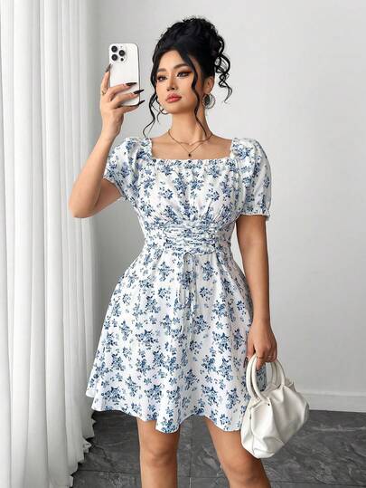 Elenzga 大码女士碎花连衣裙，配蝴蝶结，乡村时尚优雅休闲度假浪漫连衣裙