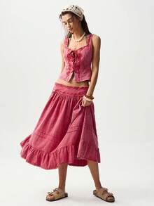 Bohemela Áo tank top nữ mùa hè kiểu dáng thường ngày, thêu họa tiết, dây chéo. - Đỏ - Xem 2