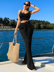 RueChic Crochet Jacquard Cami Top & Cover Up Set - Black - View 5