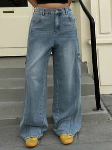 Dazy Plus Washed Blue Distressed Cat Whisker Side Pocket Loose Wide Leg Casual Jeans, All Season - Light Wash - View 5