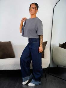 SAYEHFBABY 女士休闲新款时尚经典蓝色直筒牛仔裤，带口袋 - 寶藍色 - 查看 4