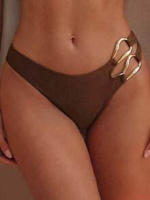 SHEIN Swim Chicsea Women's Solid Color Metal Decor Linked Triangle Bikini Bottom - Brown - View 1