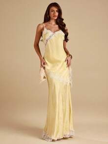 SHEIN BAE 奶油黄色提花蕾丝边缎面优雅鱼尾裙，女士春夏款，优雅黄色提花蕾丝缎面裙，夏季 - 黃色 - 查看 7