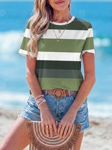 Sylviya Casual Color Block Stripe Pattern Round Neck Short Sleeve Women T-Shirt, Suitable For Spring/Summer - Green - View 3