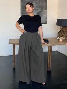 Dazy Plus 加大码宽松纯色阔腿双扣褶皱长款休闲裤，四季皆宜，女士正装裤，教师裤秋季 - 深灰色 - 查看 8