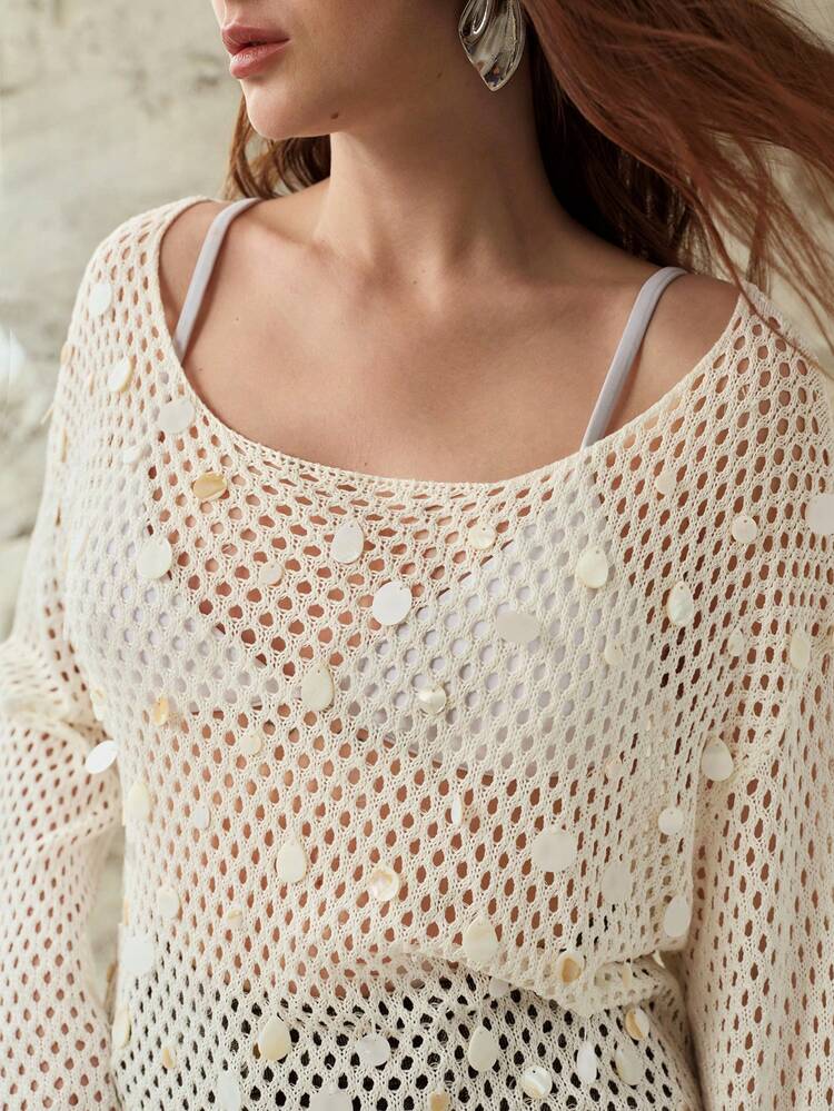 HOLLOW OUT SEQUIN MINIMALIST LONG SLEEVE KNIT TOP, VERSATILE & COMFORTABLE CASUAL WOMEN WEAR