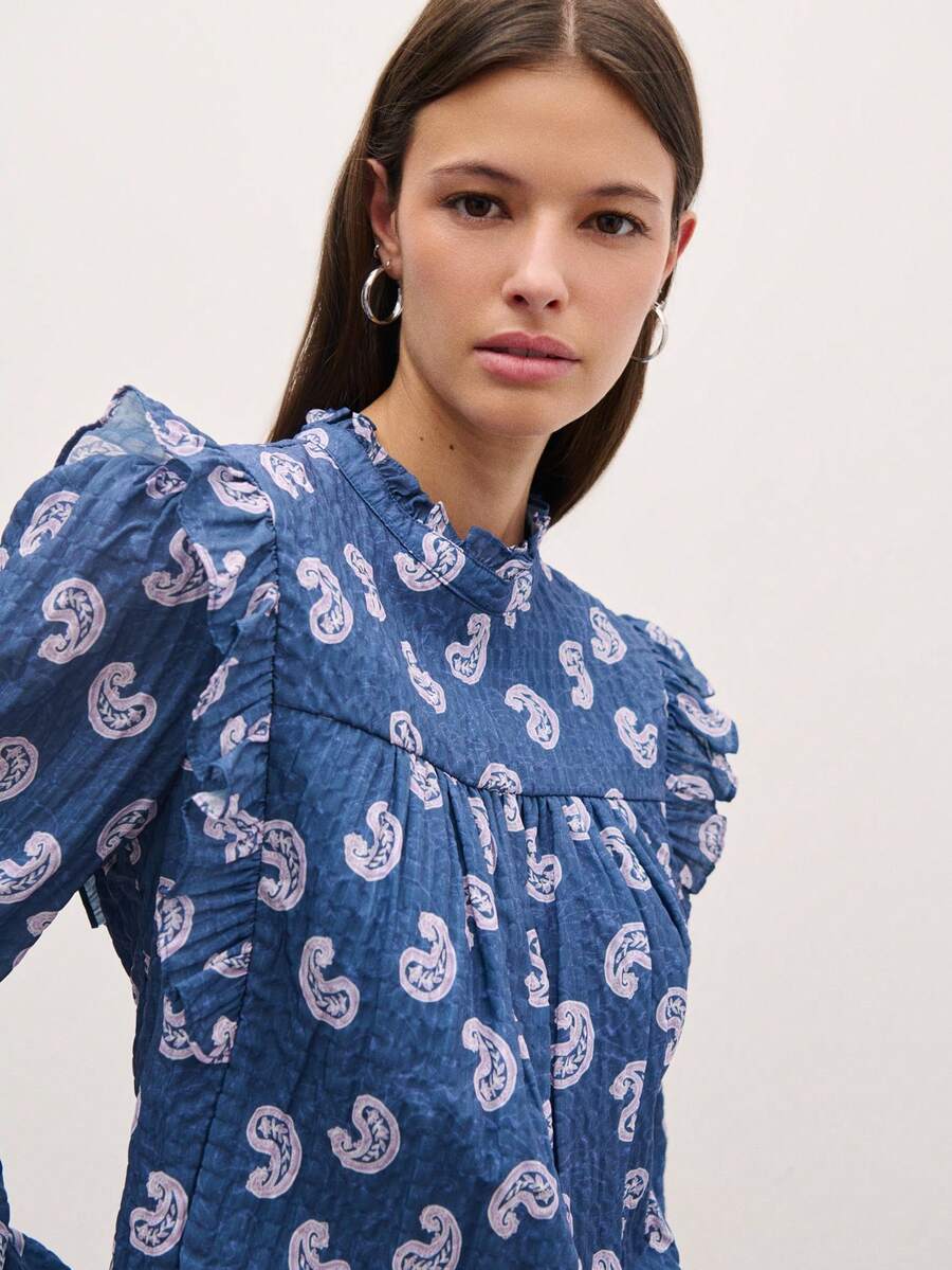 Nöista 女士全印花褶皱休闲百搭日常衬衫 - 藏蓝色 - 查看 1