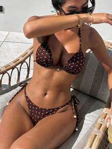 Swim Chiccia Conjunto de traje de baño de verano para mujer, conjunto de traje de baño con estampado de bloques de color y lunares, conjunto de bikinis de estampado aleatorio para mujer, bikini marrón de 2 piezas, conjunto de bikinis con estampado de lunares - Multicolor - Ver 1