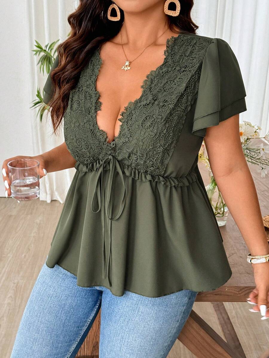Weeklong Fashionable Spring & Summer Casual French Retro Vacation Elegant Ruffled Tie-Bow V-Neck Lace Trim Blouse - Army Green - View 1
