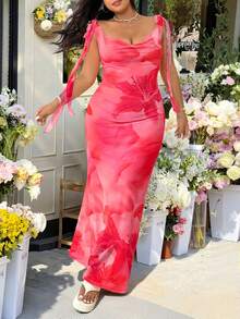 GalTyme 大码女式夏季海滩度假印花扭肩修身连衣裙 - 玫紅色 - 查看 3