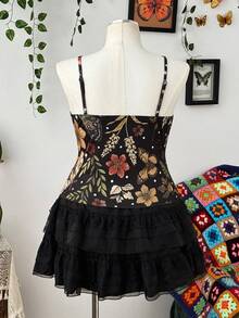 Sunspun Plus Size Dark Style Printed Eyelet Tape Decor Camisole - Multicolor - View 2