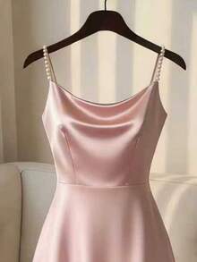 SHEIN Franclia Đầm slip satin bóng mượt đính ngọc trai thanh lịch dành cho nữ, thích hợp cho công sở, tiệc tùng và các buổi gặp mặt. - Màu Hồng baby - Xem 4