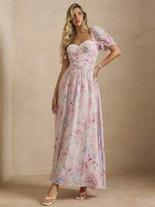 Enchnt 女士碎花褶皱腰身泡泡袖中长连衣裙 - 藍白色 - 查看 4