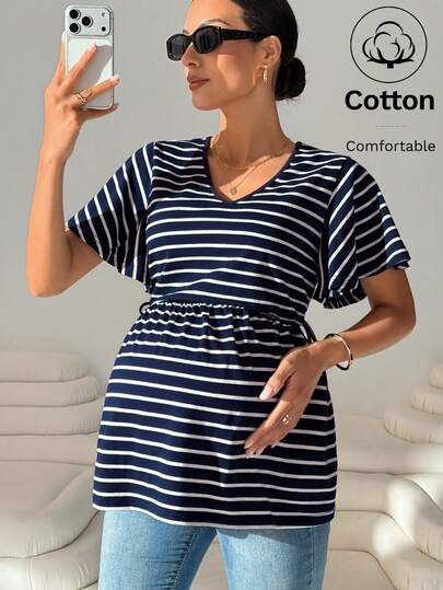 MaterniWear Pregnant Women's Casual V-Neck Striped Short Sleeve T-Shirt, Summer