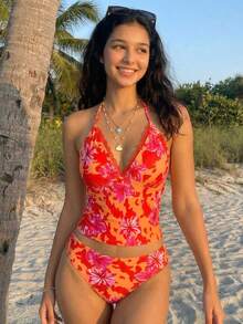 SHEIN 少女夏季度假休闲沙滩装热带花卉印花比基尼蕾丝边两件套泳衣 - 橘色 - 查看 2