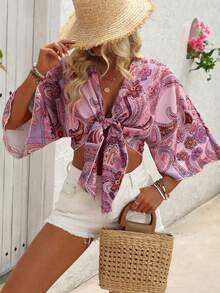 SHEIN Holidaya 女士波西米亚风印花长袖系带上衣 - 粉色 - 查看 6