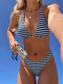Swim Mod Tie Neck Backless Striped Bikini Swimsuit, Fashionable Summer Two-Piece - Multicolor - View 1