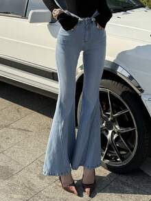 DAZY 女士口袋纽扣休闲百搭日常喇叭牛仔裤 Y2k - 中等水洗藍 - 查看 3