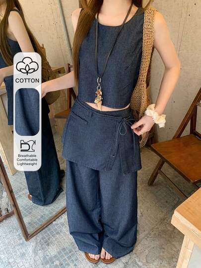 DAZY Women's Crew Neck Cropped Denim Vest And Wrap-Style Maxi Skirt Pants Denim Set, Stylish Vacation Vibe