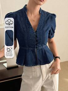 Women's V-Neck Short Sleeve Waist Cinched Casual Sexy Denim Blouse, Summer - Dark Wash - View 1