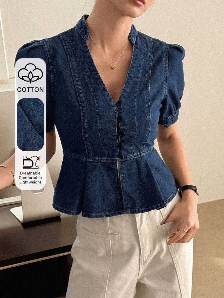Women's V-Neck Short Sleeve Waist Cinched Casual Sexy Denim Blouse, Summer