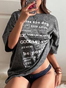 DAZY Women's Round Neck Short Sleeve Distressed Fabric Printed Loose Pullover Casual T-Shirt Y2k Graphic Tees Women Oversized - Black - View 5