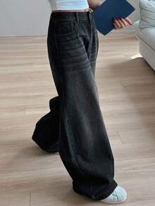 Dazy Tall Tall Women's Relaxed Fit Straight Leg Jeans, Casual Streetwear Fashion For Daily Commute - Black - View 3