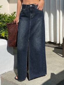 Dazy Tall Falda vaquera recta con dobladillo deshilachado y abertura para mujer alta, estilo casual de calle - Azul lavado oscuro - Ver 4