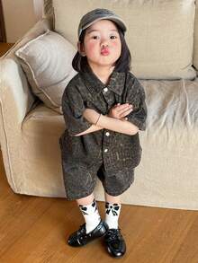 Hapijoa 夏季女童豹纹短袖单排扣牛仔衬衫和牛仔短裤套装 - 棕色 - 查看 4