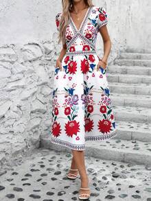 Ellevyn 女士印花V领短袖中长连衣裙，度假风 - 紅白色 - 查看 3