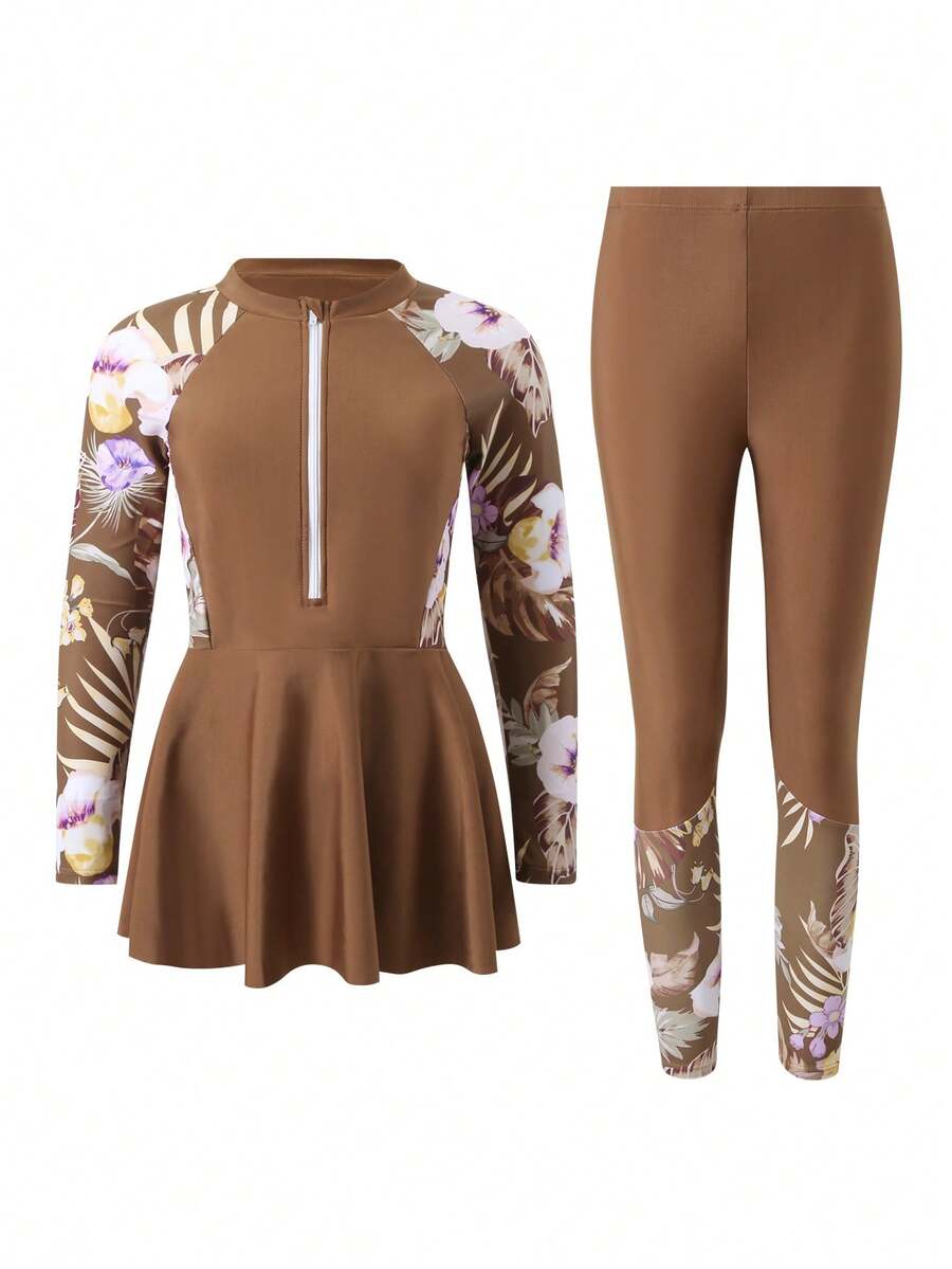 SHEIN Bộ đồ bơi kiểu vintage in họa tiết hoa nhiệt đới dành cho bé gái tuổi teen, gồm áo dài tay và quần dài, đồ bơi kín đáo cho thiếu nữ, trang phục nghỉ hè cho bé gái, đồ bơi có tay, bộ hai mảnh cho bé gái, đồ bơi kín đáo cho bé gái, quần áo đi nghỉ mát. - Nhiều màu - Xem 1