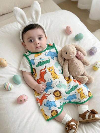 SHEIN Newborn Baby Boy/Girl Cartoon Dinosaur Pattern Contrast Color Round Neck Sleeveless Romper Shorts, Comfortable & Versatile