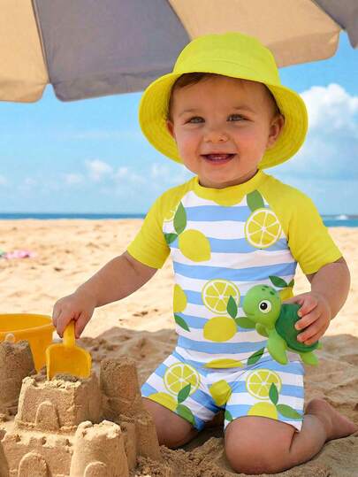 SHEIN 男婴休闲修身圆领短袖泳衣套装，适合夏季穿着，经典清爽条纹印花，经典柠檬印花，适合冲浪、游泳、度假。