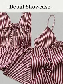 GlowEve Bộ jumpsuit nữ kẻ sọc xanh trắng, kiểu dáng thanh lịch, phong cách Pháp giản dị, thích hợp cho đi biển, dạo phố, đi làm, hẹn hò, công sở, sự kiện, không tay. - Màu Đỏ Sâu - Xem 4