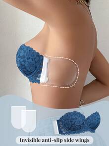 1pc Lace Backless Underwire Bra, Small Bust Enhancing Seamless Strapless Camisole Bra - Blue - View 8