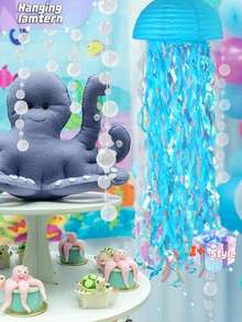 3 件蓝色水母纸灯笼，美人鱼主题派对渐变色纸灯笼，海底生日装饰，淋浴花环美人鱼派对装饰，彩色蓝色悬挂彩带，适合生日、洗礼、婚礼、派对装饰、墙面装饰、挂饰 - 彩色 - 查看 4
