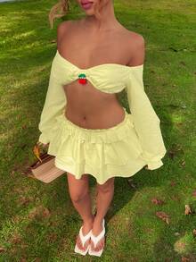 ROMWE Avant 海岛度假风清新性感樱桃印花雪纺罩衫两件套（女士款） - 淡黃色 - 查看 2