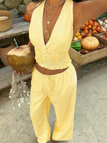 Sunnyshic Bộ đồ hai mảnh mùa hè dành cho nữ: áo hai dây hở lưng và quần ống rộng cạp chun có dây rút, gợi cảm và lãng mạn cho những buổi hẹn hò và kỳ nghỉ. - Màu vàng - Xem 6