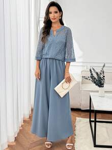 Miaspire 2pcs Women Lace V-Neck 3/4 Sleeve Top And Wide Leg Pants Set,Office Outfits For Women,Work Outfits For Women,Graduation Outfit For Mother Wedding Guest Dress Women Summer Elegant,Summer Outfits For Women - Blue - View 7
