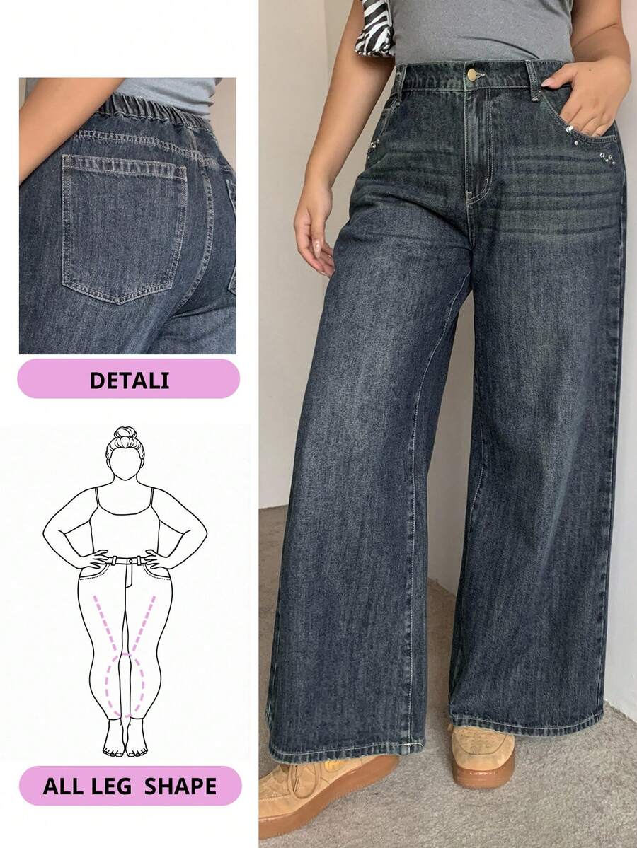 Dazy Plus Rivet Decor Loose Washed Distressed Wide Leg Flare Jeans, Plus Size Women, Autumn - Dark Wash - View 1