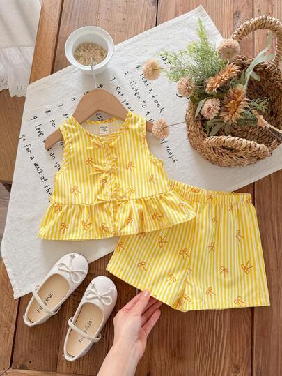 SHEIN Conjunto de camiseta de tirantes con estampado floral y shorts de cintura elástica, para niña, verano